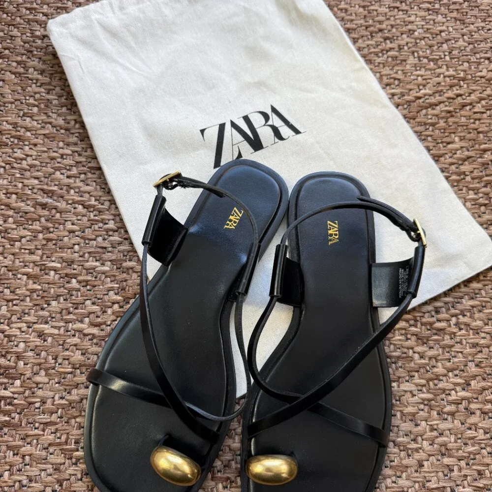 Zara Flat Strappy Sandals With Metal Adornment - Picture 2 of 6